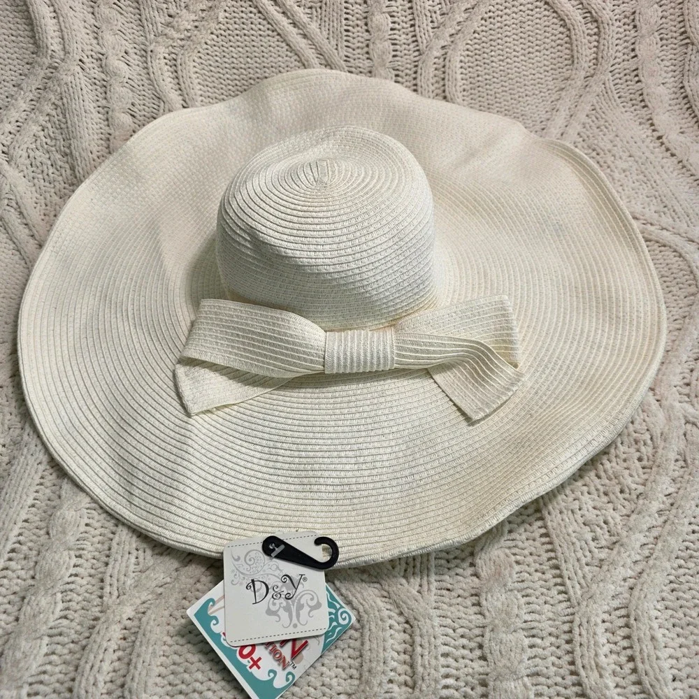 David & Young Sun Hat White EXTRA Wide Brim Bow FLOPPY UPF 50+ Women OSFM New